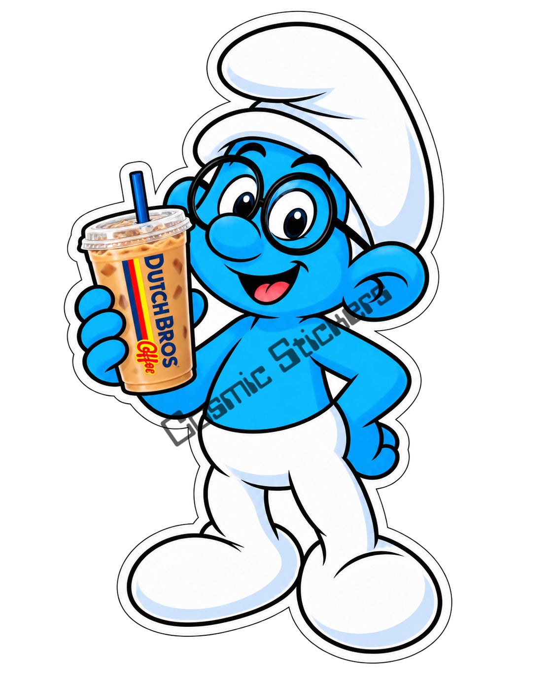 Fan-made Brainy Smurf iced coffee vinyl sticker by Cosmic Stickers