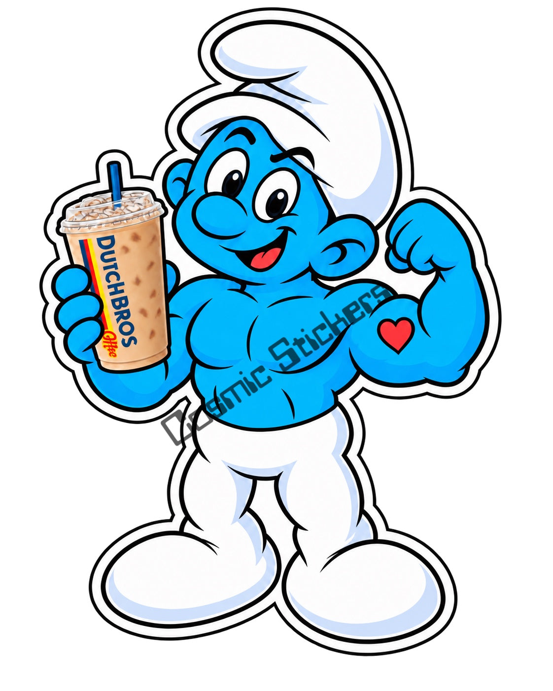 Fan-made Hefty Smurf iced coffee vinyl sticker by Cosmic Stickers
