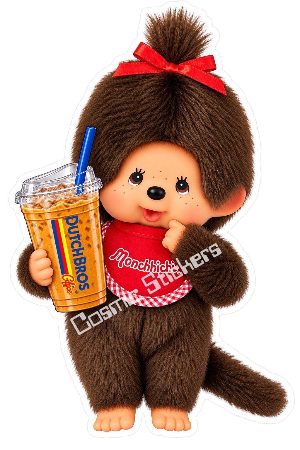 Fan-made Monchhichi girl red bow iced coffee vinyl sticker by Cosmic Stickers