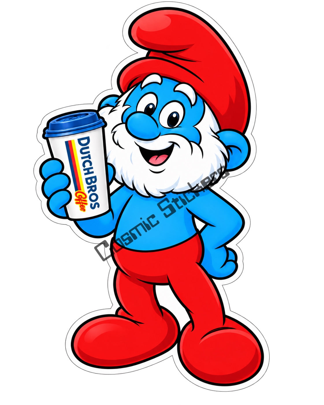 Fan-made Papa Smurf hot coffee vinyl sticker by Cosmic Stickers