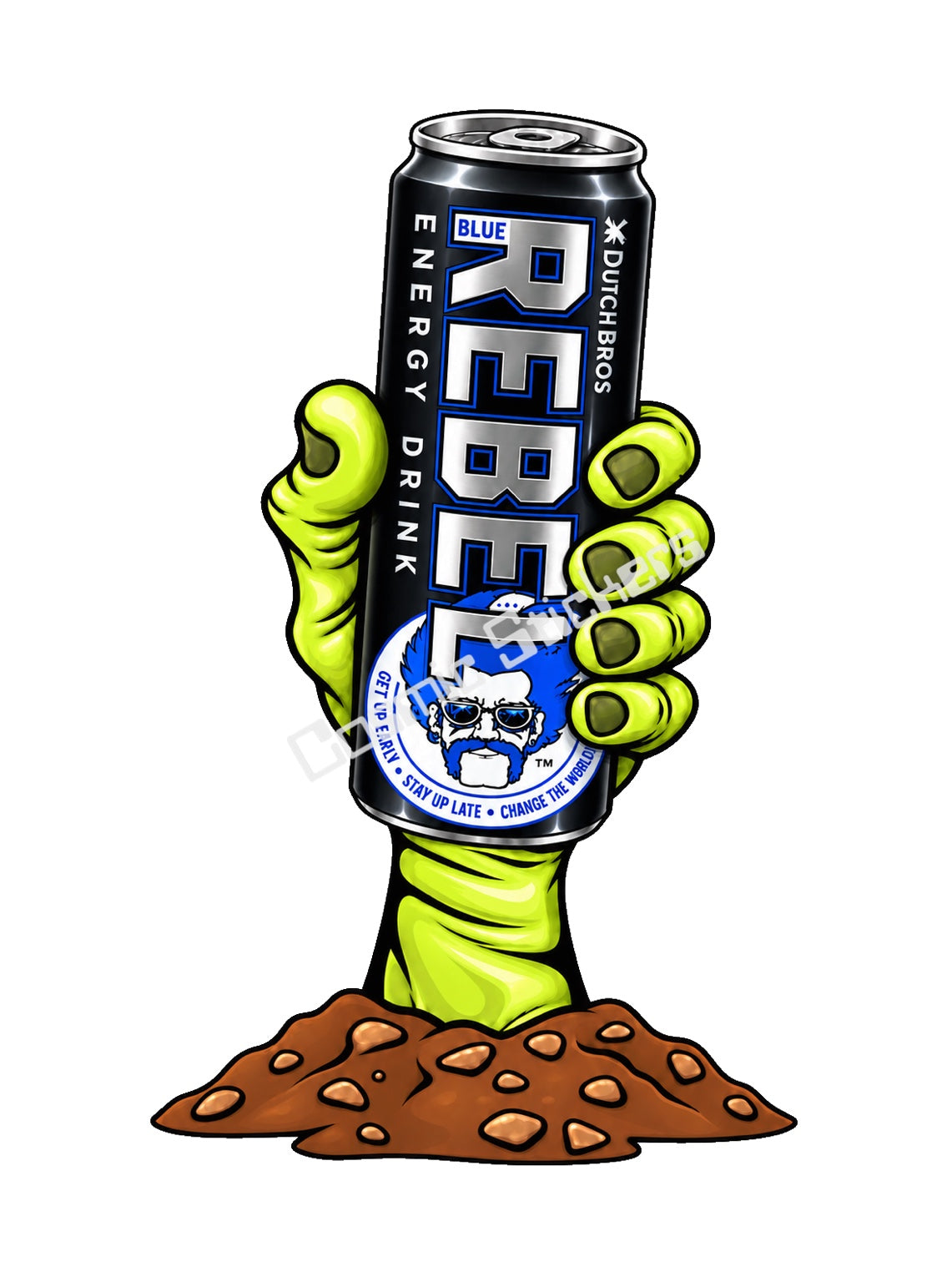 Fan-Made Dutch Bros Zombie Hand - Black Rebel Can Sticker