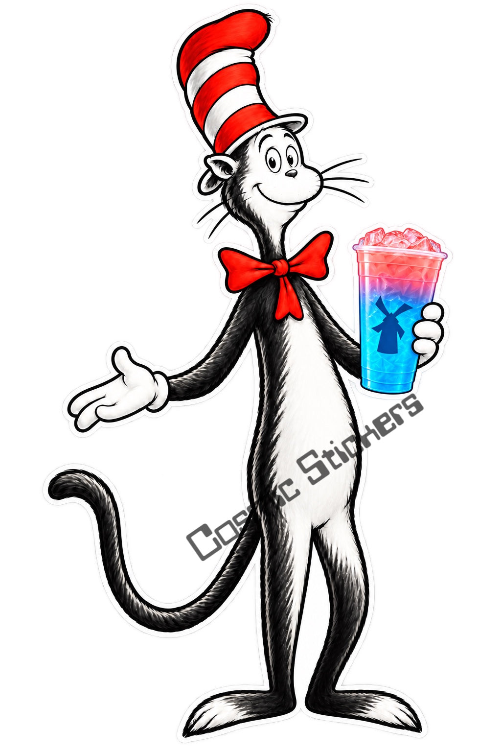 Fan Made Cat in the Hat Dutch Bros Pink and Blue Iced Drink Sticker watermarked