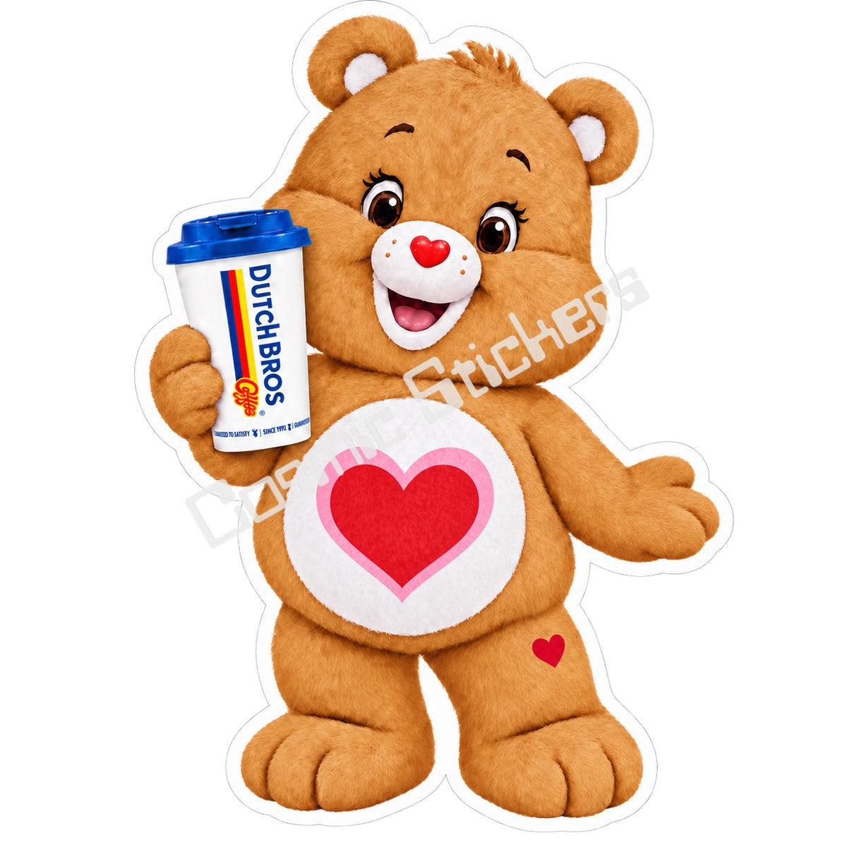 Fan-made Tenderheart Bear hot coffee vinyl sticker from Caffeinated Classics