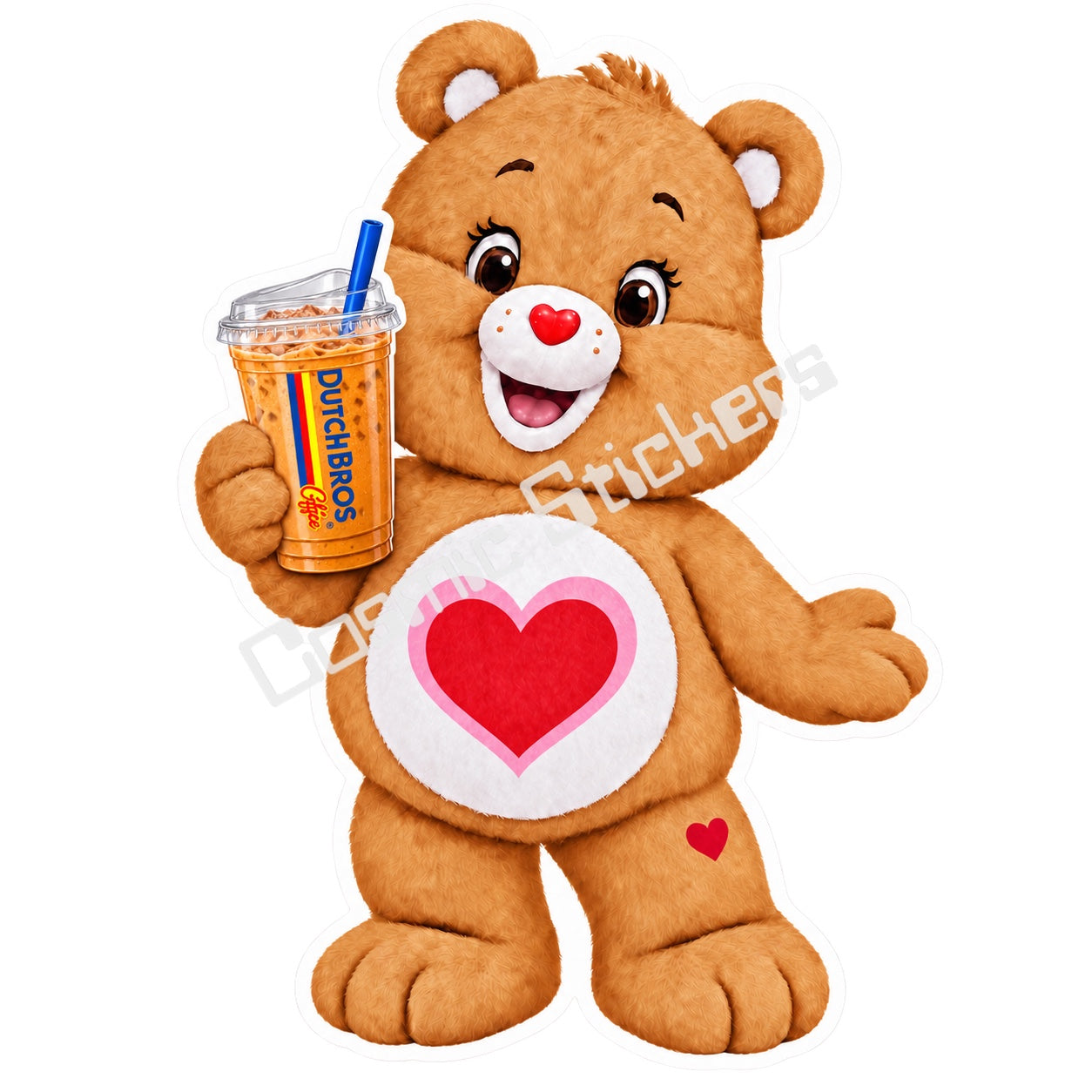 Fan-made Tenderheart Bear iced coffee vinyl sticker from Caffeinated Classics