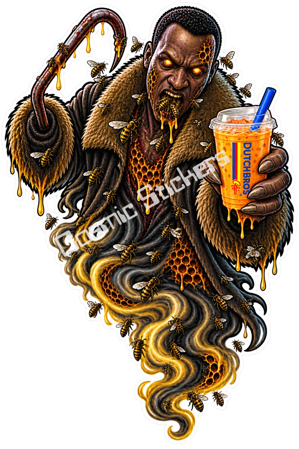 Fan-made bee swarm hookman ghost with iced coffee sticker artwork by Cosmic Stickers