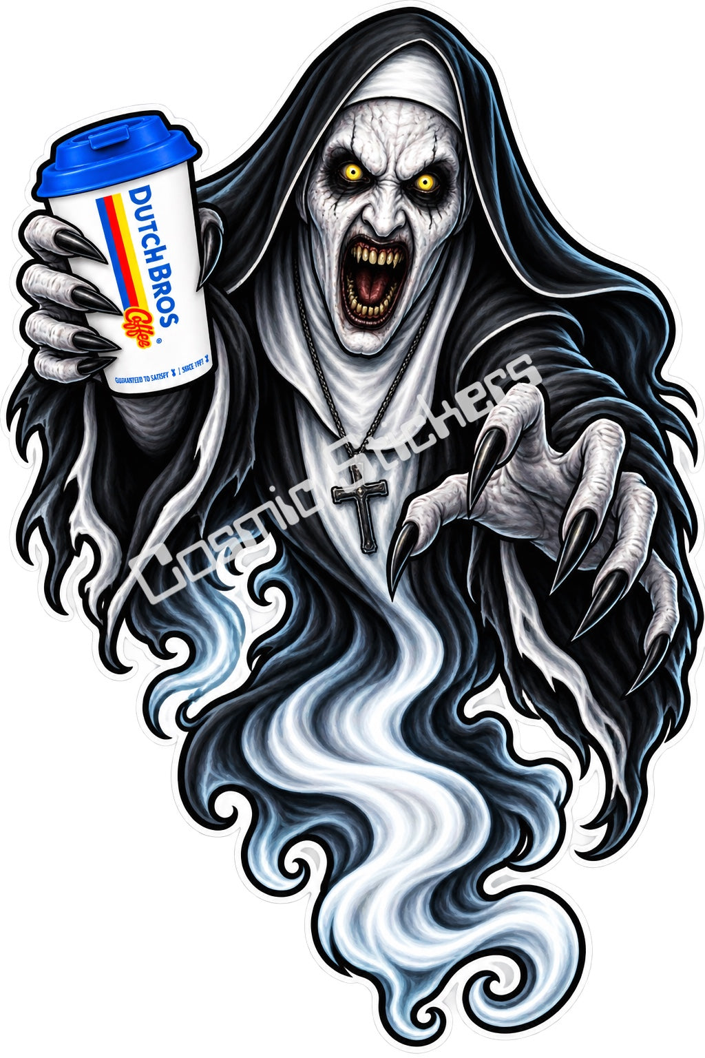 Fan-made demonic nun ghost with hot coffee sticker artwork by Cosmic Stickers