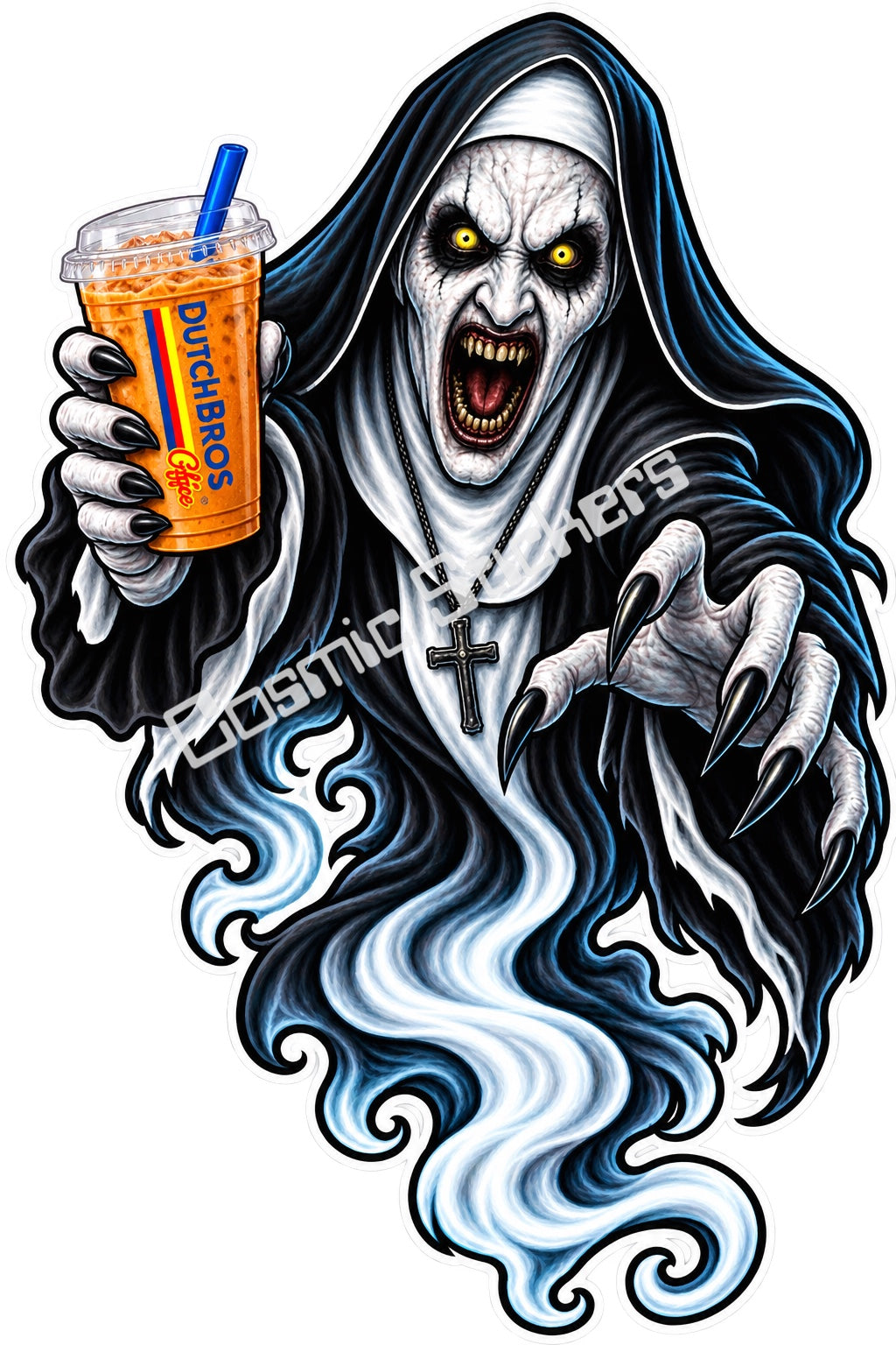 Fan-made demonic nun ghost with iced coffee sticker artwork by Cosmic Stickers