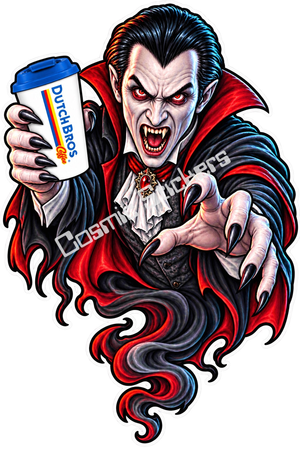 Fan-made gothic vampire ghost with hot coffee sticker artwork by Cosmic Stickers