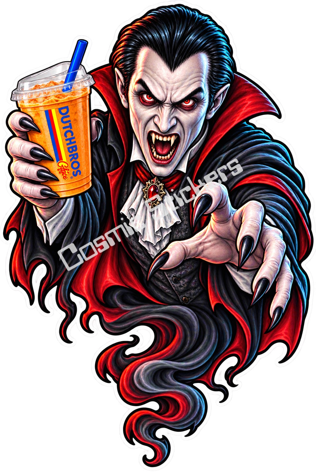 Fan-made gothic vampire ghost with iced coffee sticker artwork by Cosmic Stickers