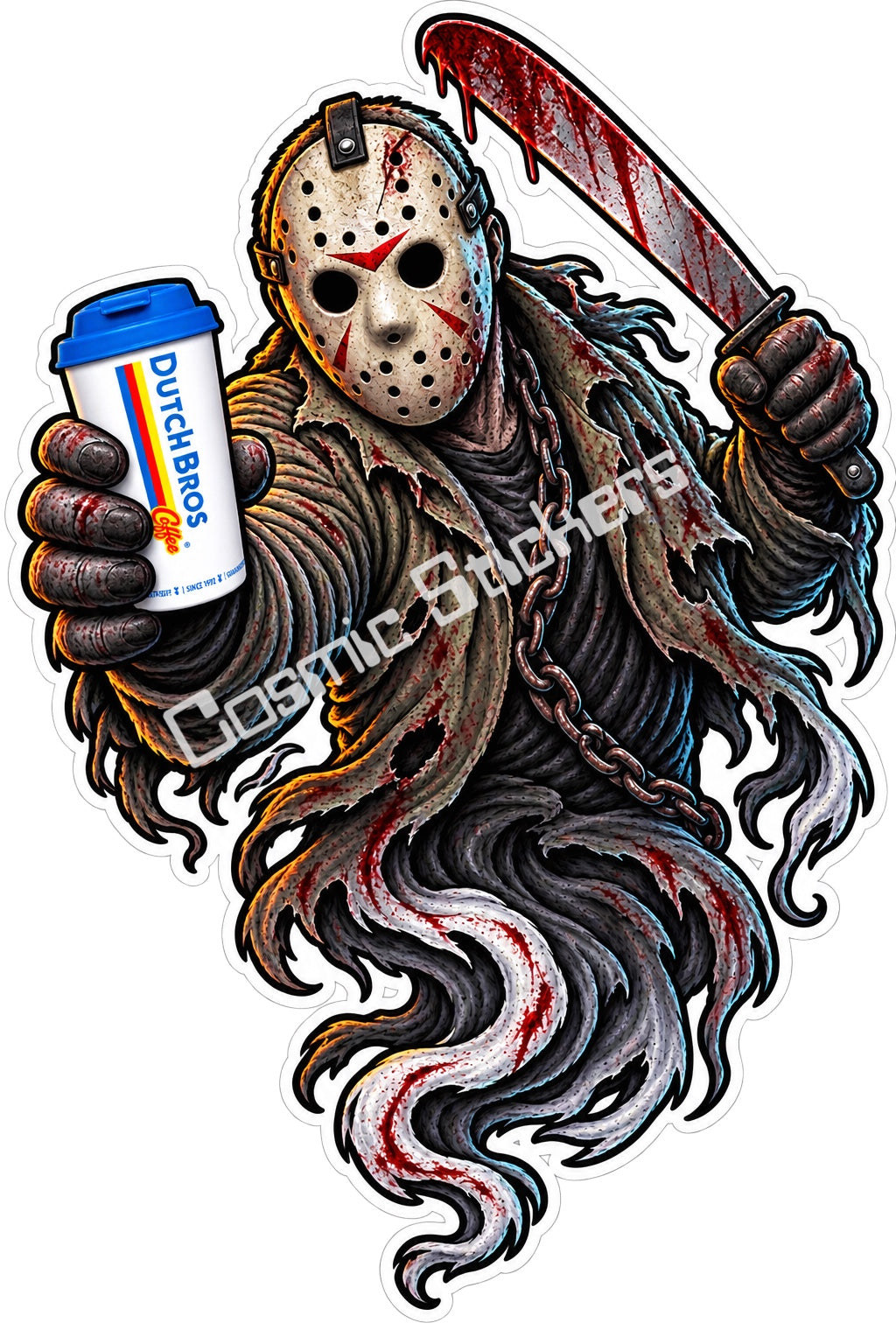 Fan-made hockey mask slasher ghost with hot coffee sticker artwork by Cosmic Stickers