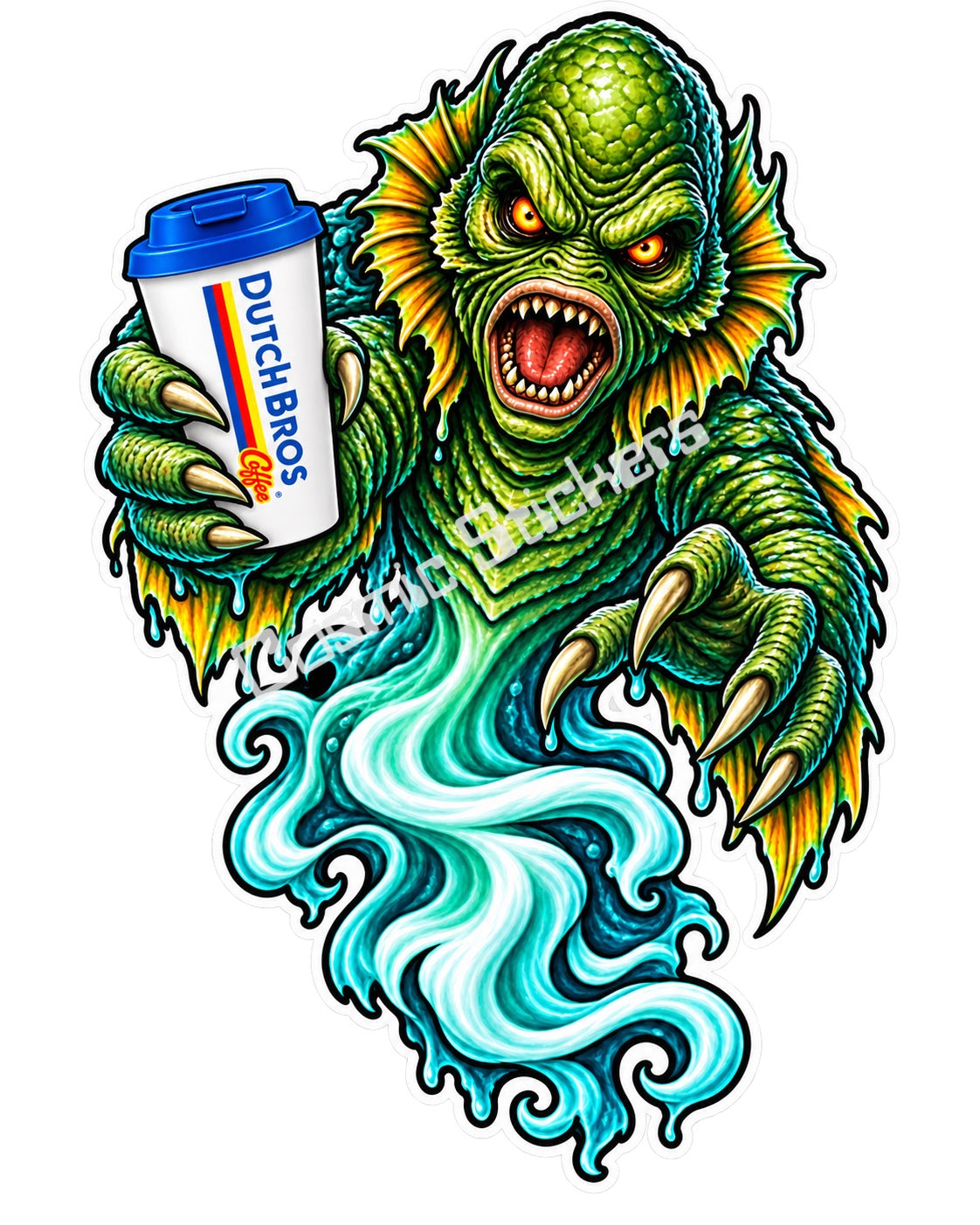 Fan-made lagoon creature ghost with hot coffee sticker artwork by Cosmic Stickers