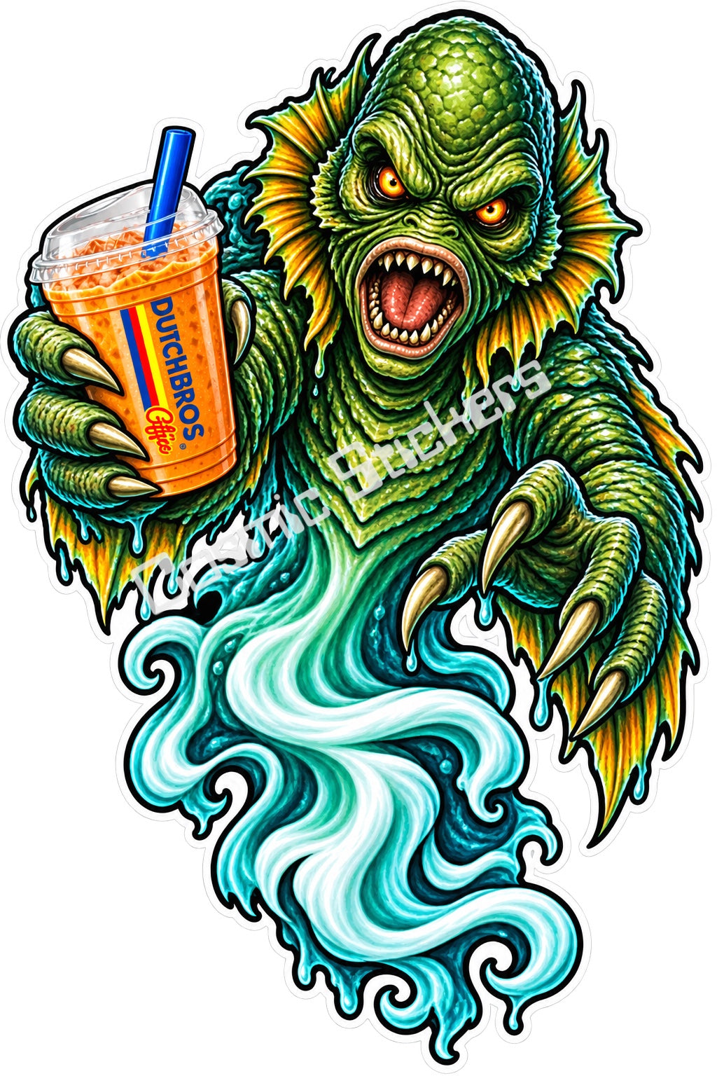 Fan-made lagoon creature ghost with iced coffee sticker artwork by Cosmic Stickers