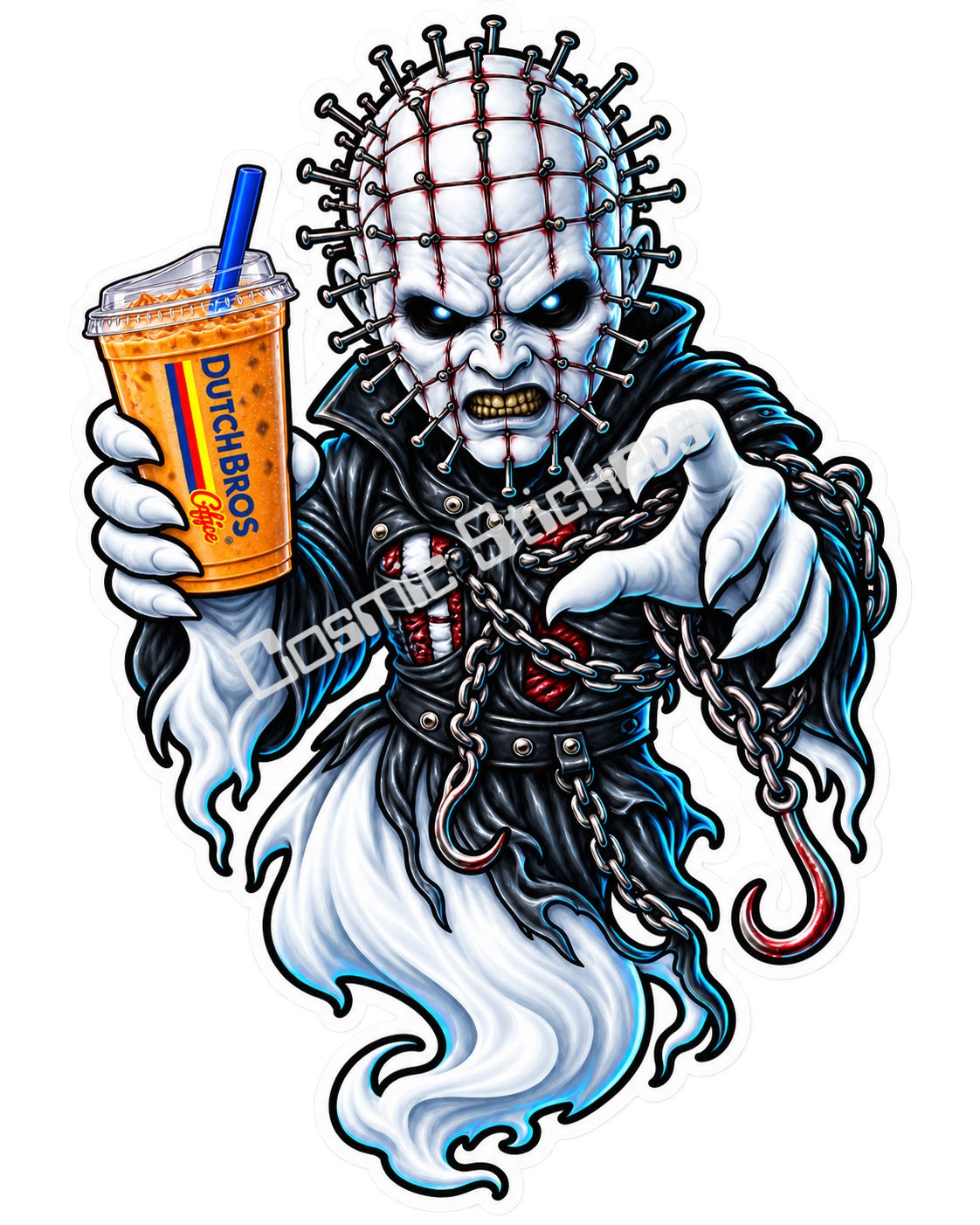Fan-made pin-covered chain demon ghost with iced coffee sticker artwork by Cosmic Stickers