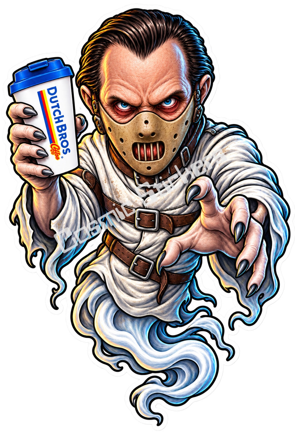 Fan-made restrained mask nightmare ghost with hot coffee sticker artwork by Cosmic Stickers
