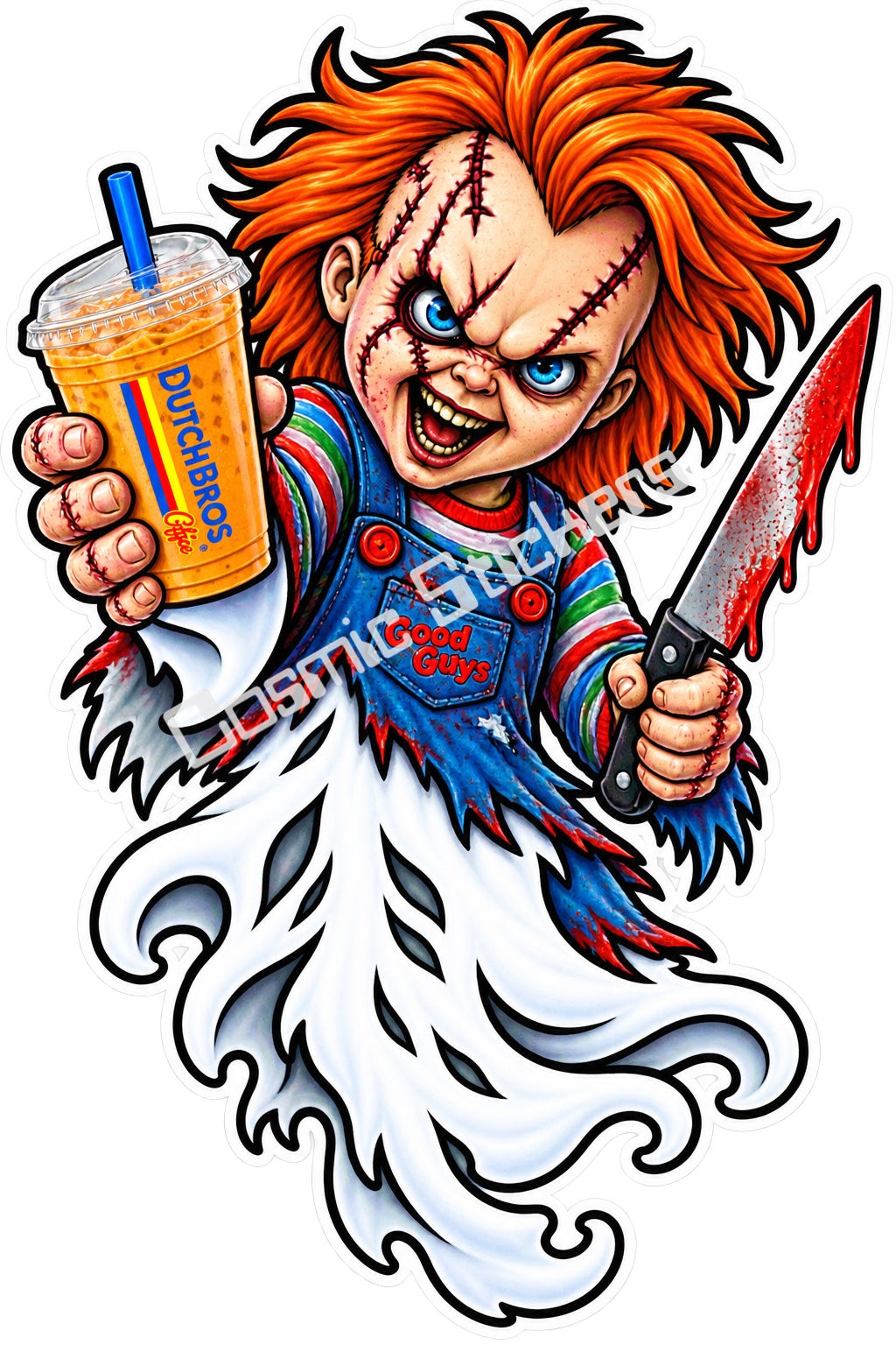 Fan-made scarred killer doll ghost with iced coffee sticker artwork by Cosmic Stickers