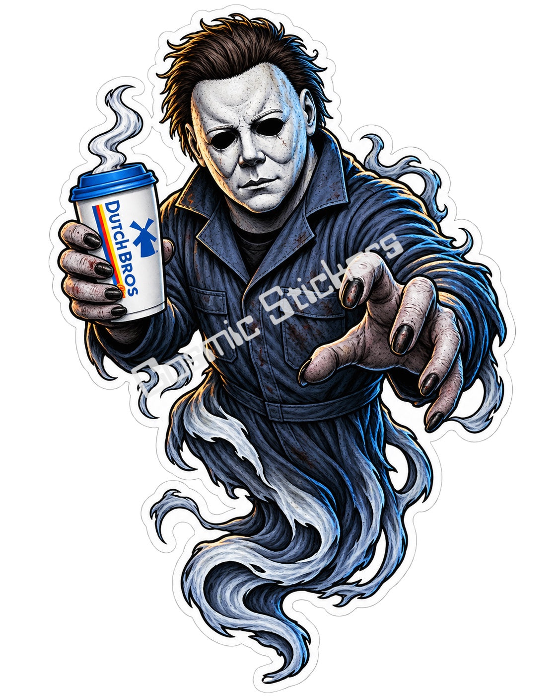 Fan-made silent white mask slasher ghost with hot coffee sticker artwork by Cosmic Stickers