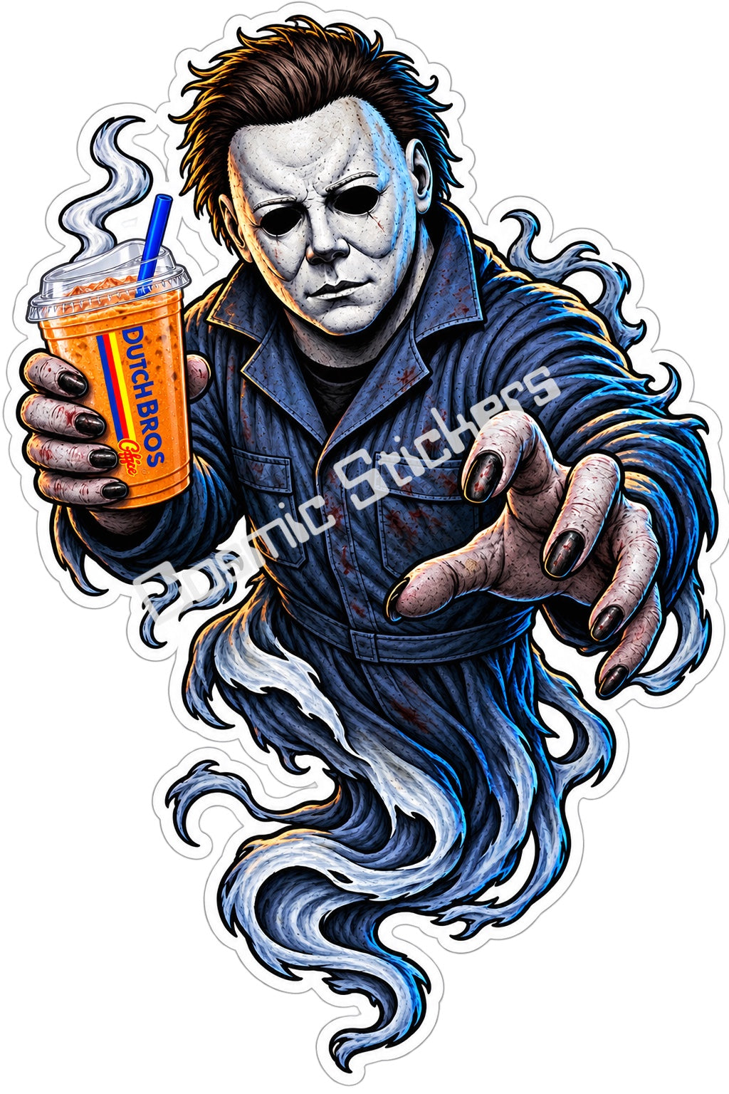 Fan-made silent white mask slasher ghost with iced coffee sticker artwork by Cosmic Stickers