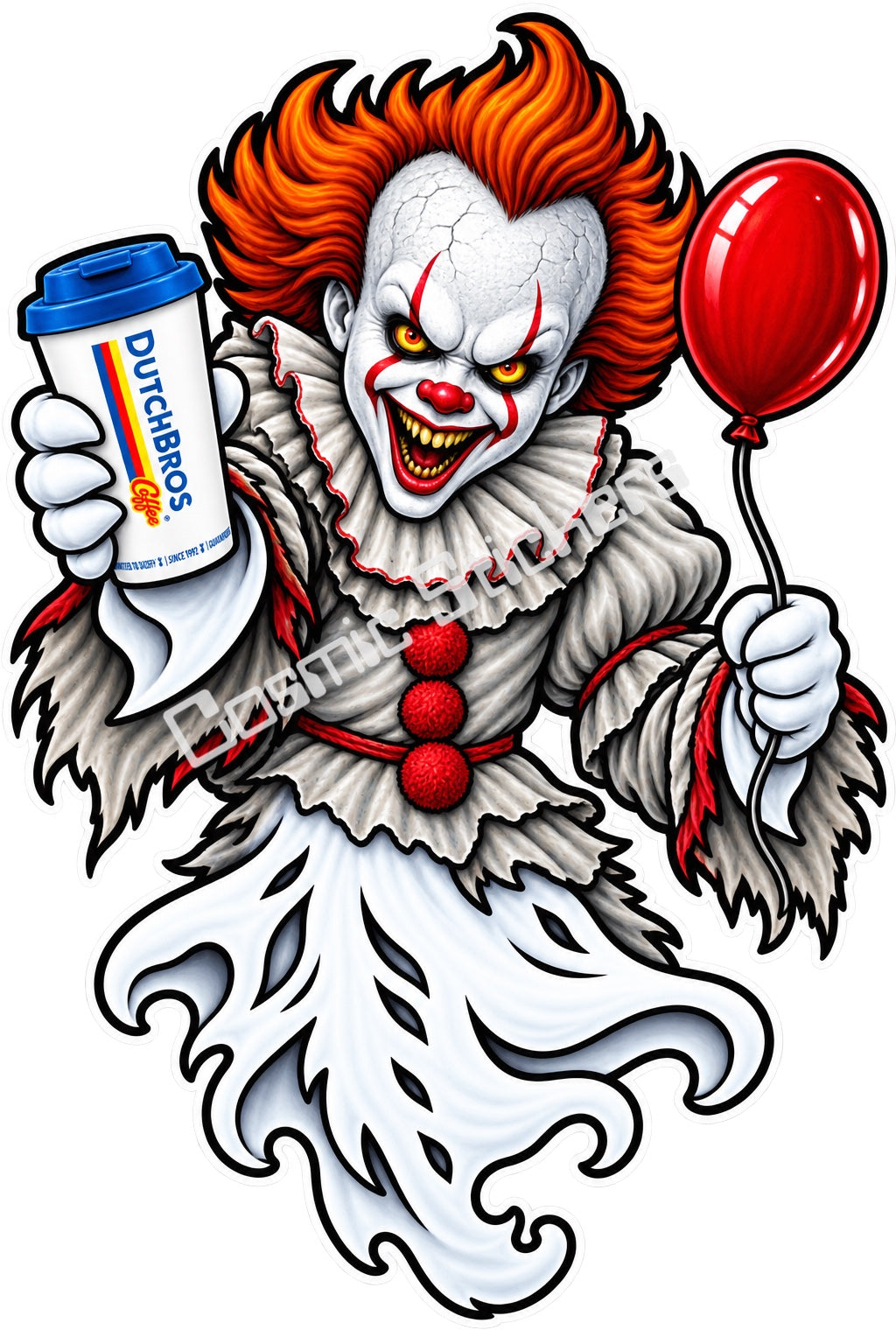 Fan-made sinister balloon clown ghost with hot coffee sticker artwork by Cosmic Stickers