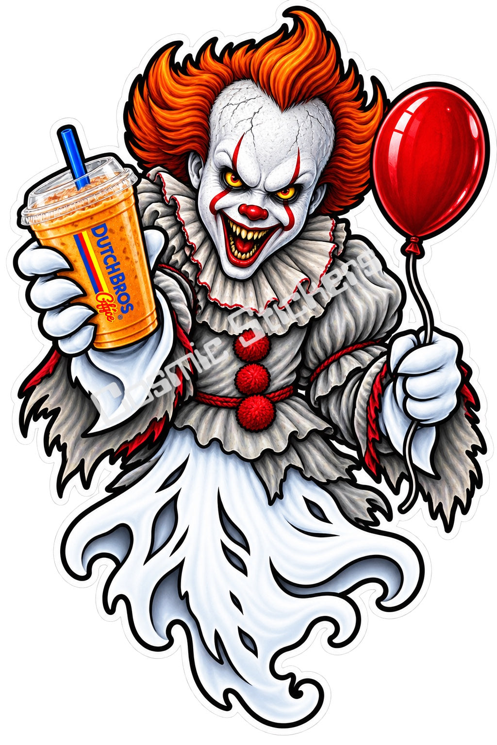 Fan-made sinister balloon clown ghost with iced coffee sticker artwork by Cosmic Stickers