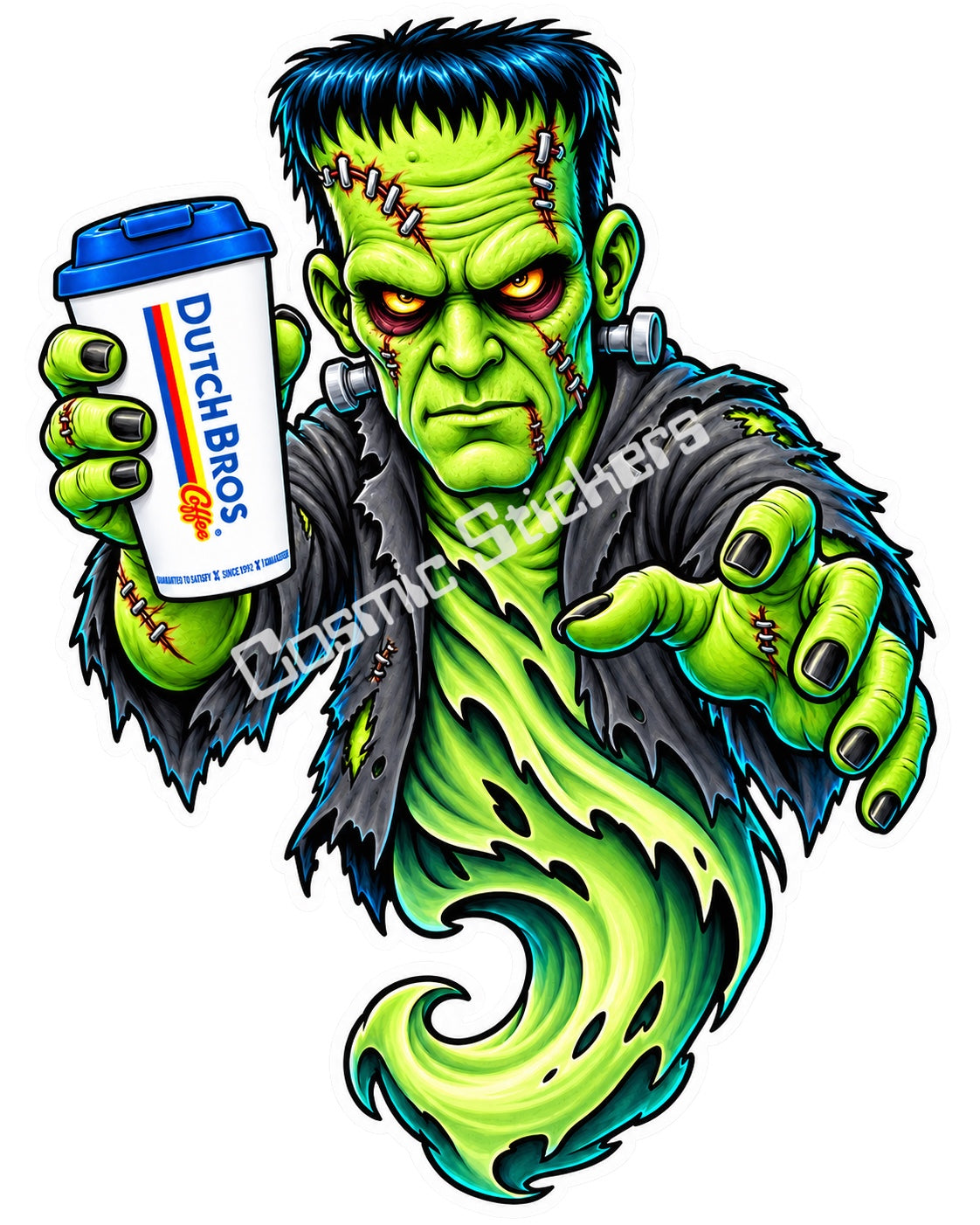 Fan-made stitched green monster ghost with hot coffee sticker artwork by Cosmic Stickers
