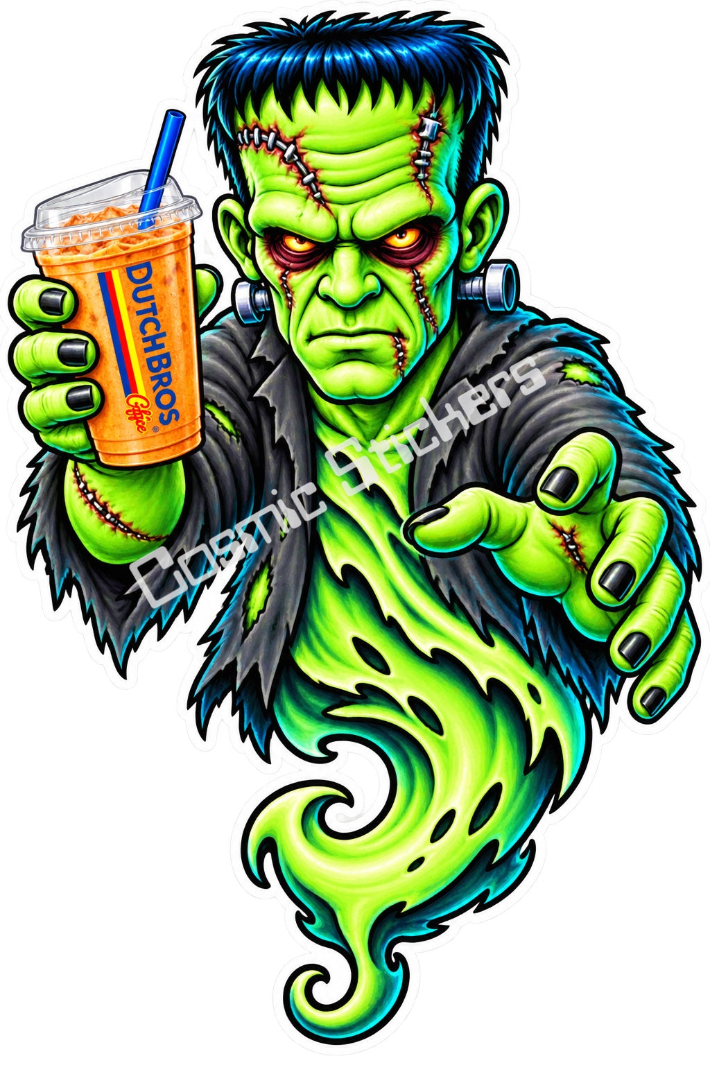 Fan-made stitched green monster ghost with iced coffee sticker artwork by Cosmic Stickers