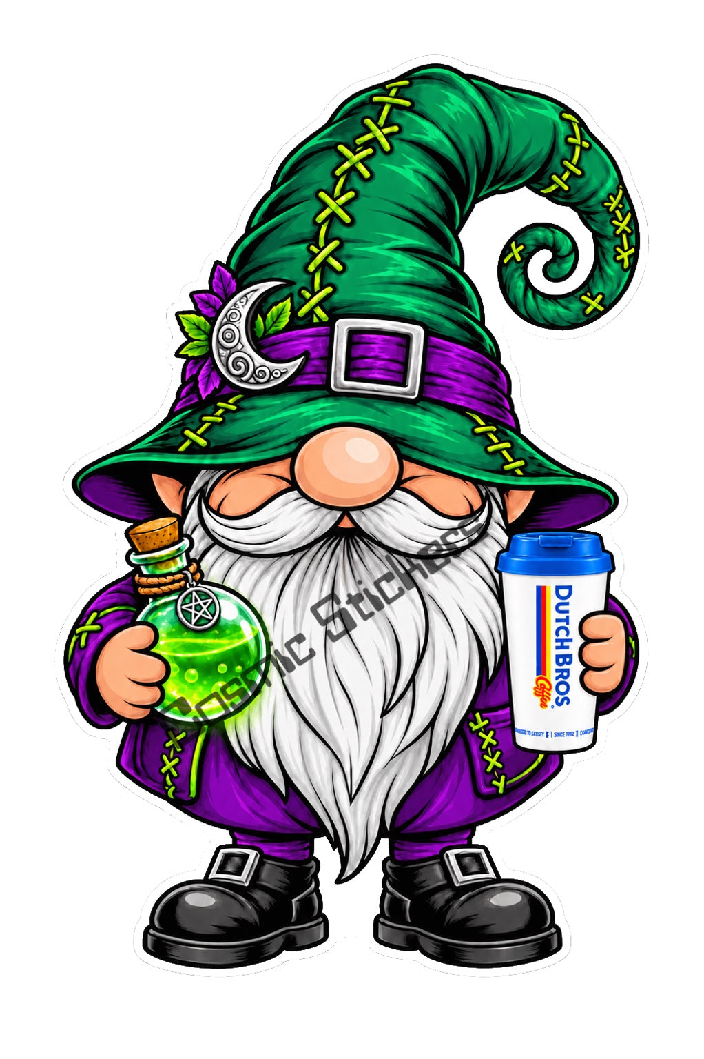 Fan Made Dutch Bros Green Potion Coffee Gnome Sticker watermarked