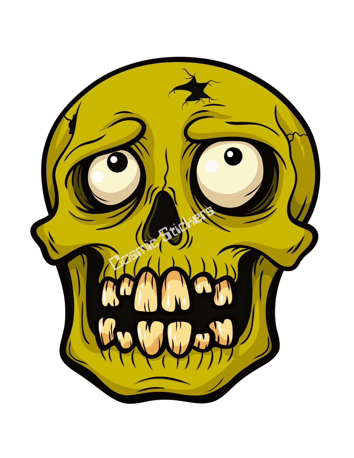 Yellow cartoon skull with oversized eyes, gold tone teeth and cracked forehead, Cosmic Stickers watermark