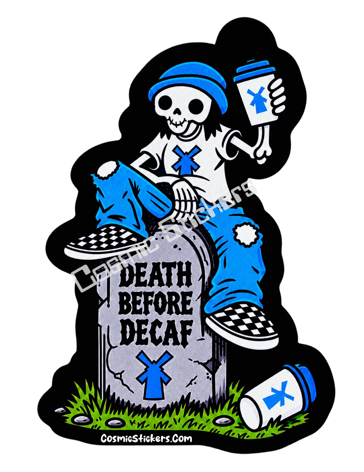 Death Before Decaf skeleton coffee sticker with black border