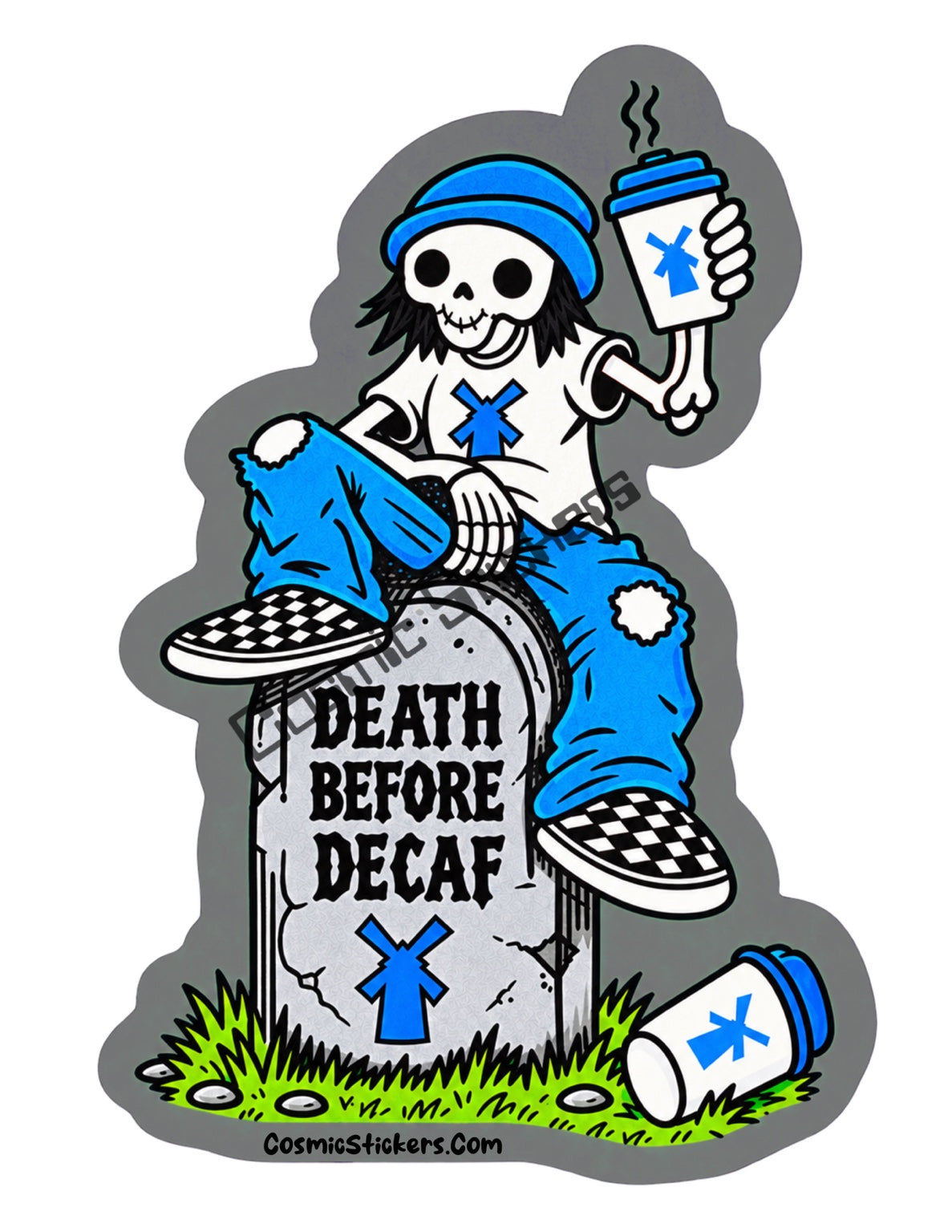 Death Before Decaf skeleton coffee sticker with gray border