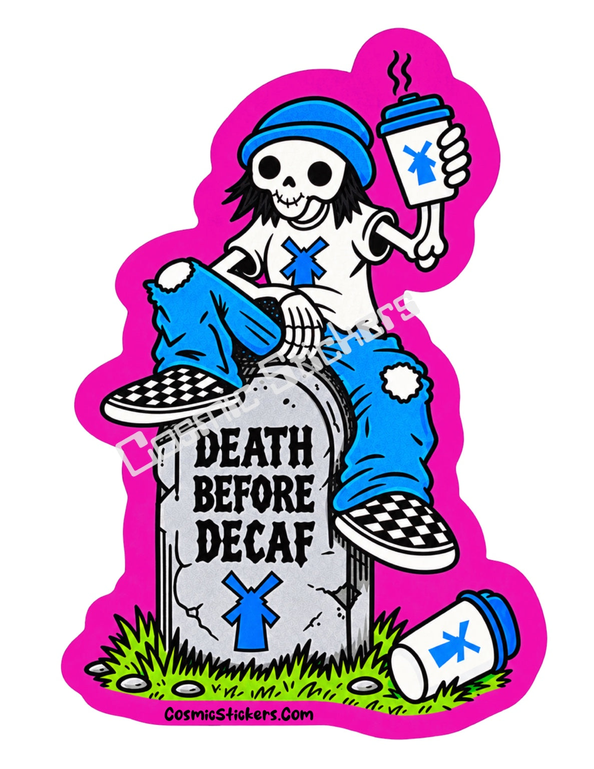 Death Before Decaf skeleton coffee sticker with pink border