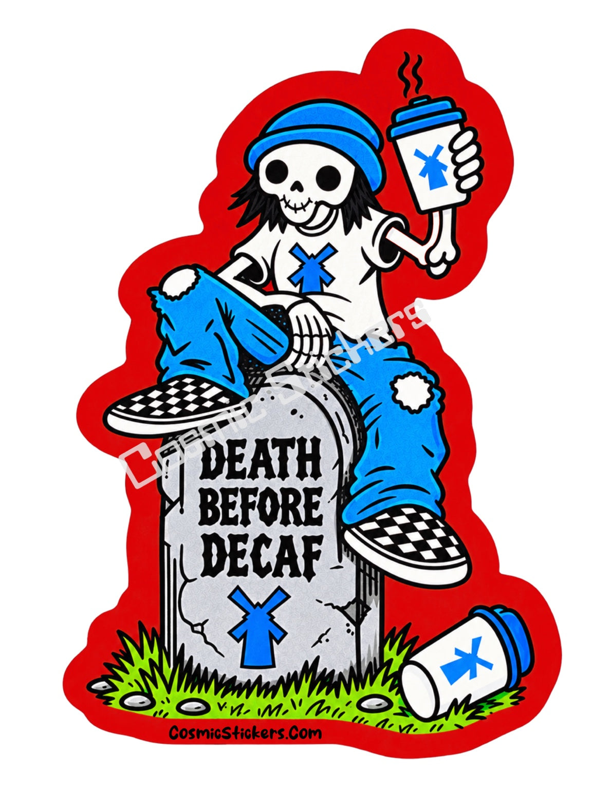Death Before Decaf skeleton coffee sticker with red border