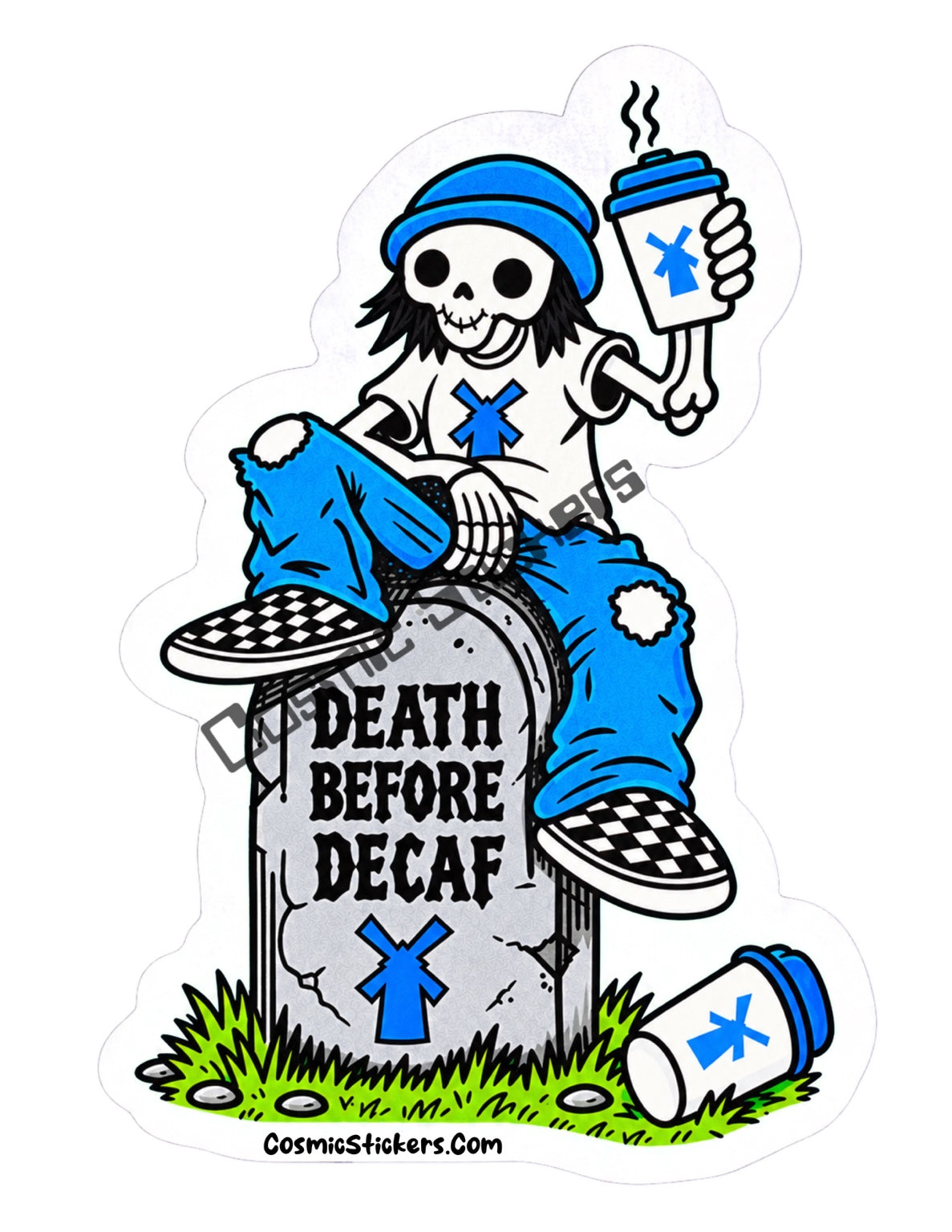 Death Before Decaf skeleton coffee sticker with white border