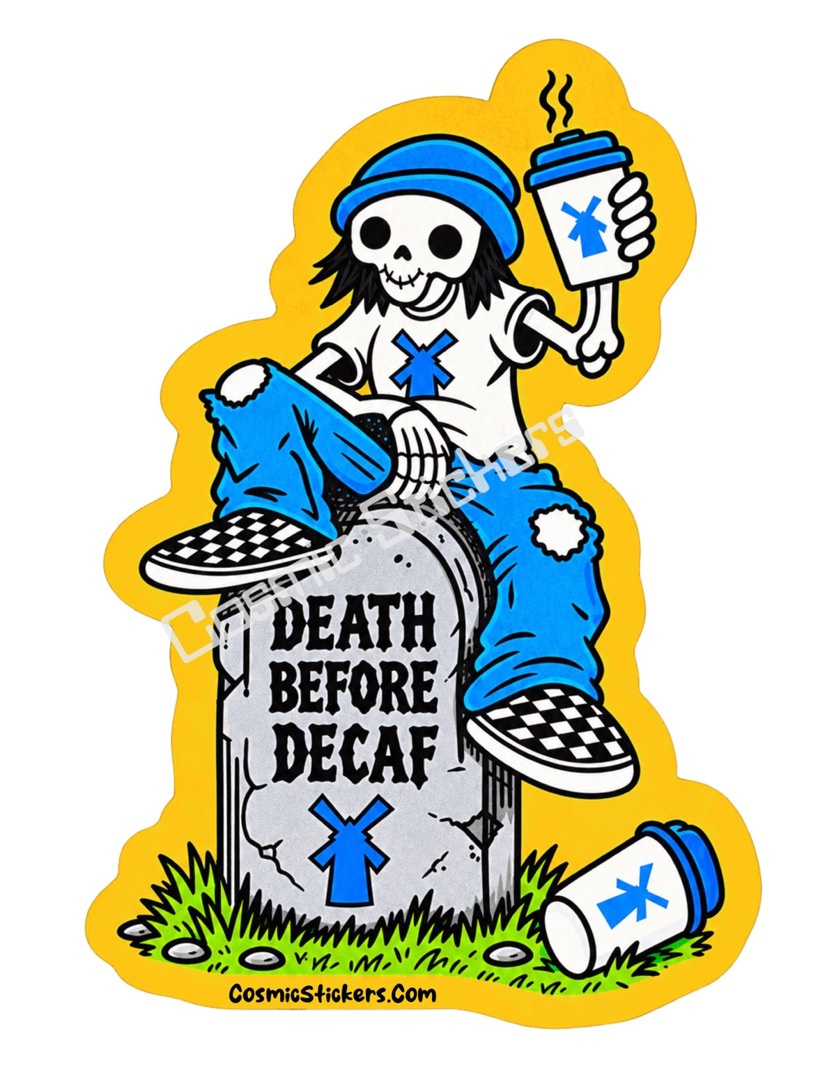 Death Before Decaf skeleton coffee sticker with yellow border