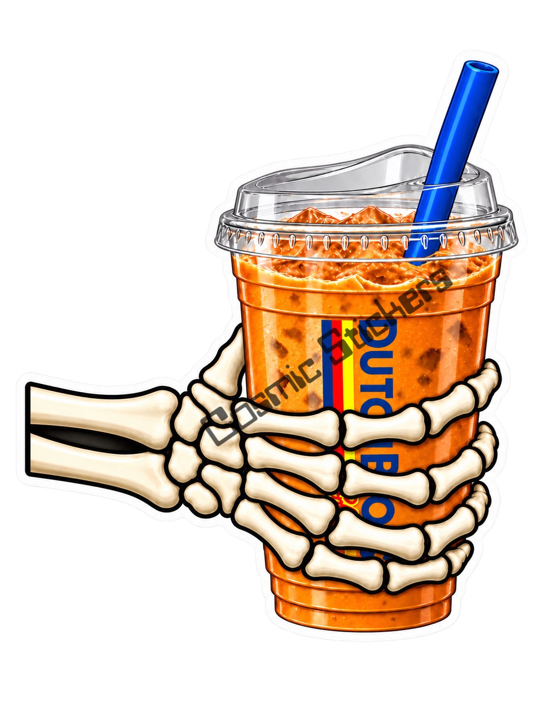 Skeleton hand gripping a Dutch Bros iced coffee cup with a blue straw