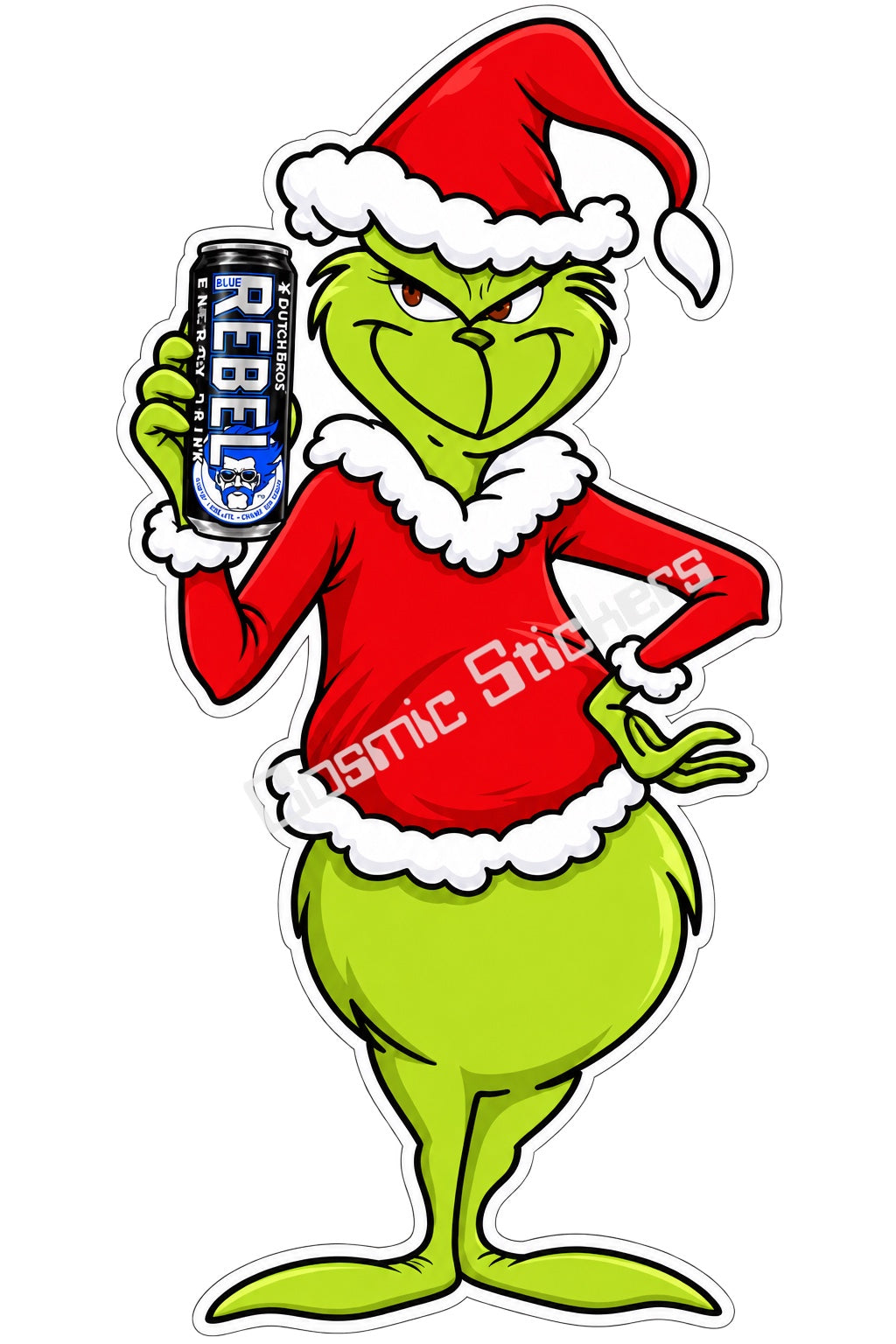 Fan Made Dutch Bros Grinch Santa Rebel Can Sticker