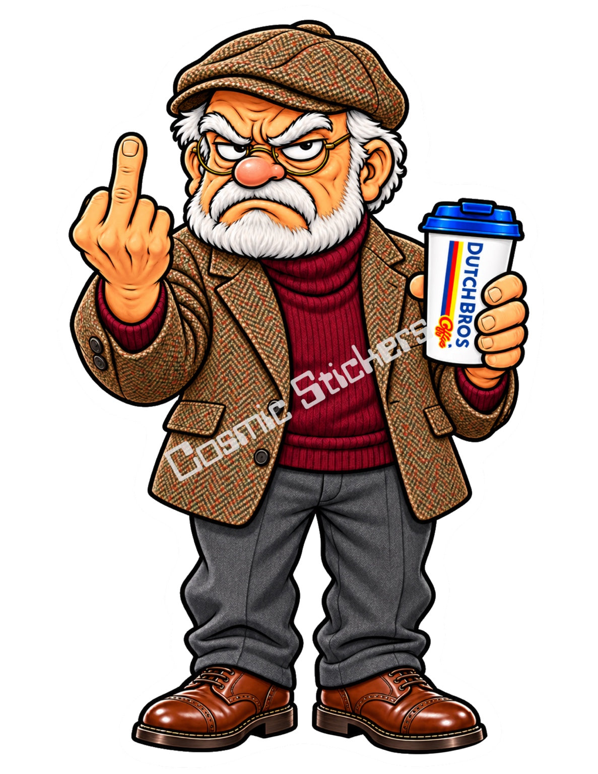 Tweed Tantrum Grandpa holding a Dutch Bros hot coffee and raising a middle finger, with the Cosmic Stickers watermark.