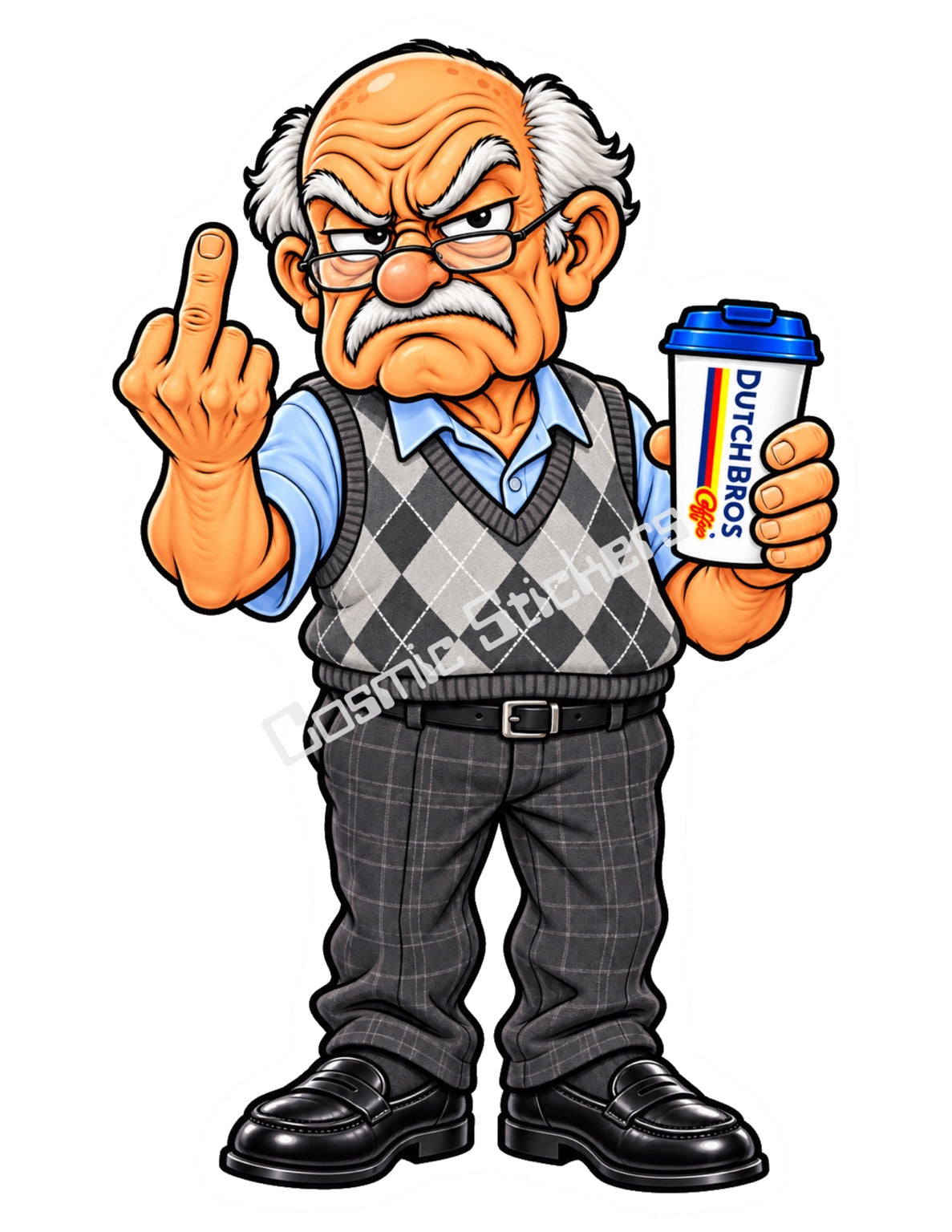 Sweater Vest Sourpuss Grandpa holding a Dutch Bros hot coffee and raising a middle finger, with the Cosmic Stickers watermark.