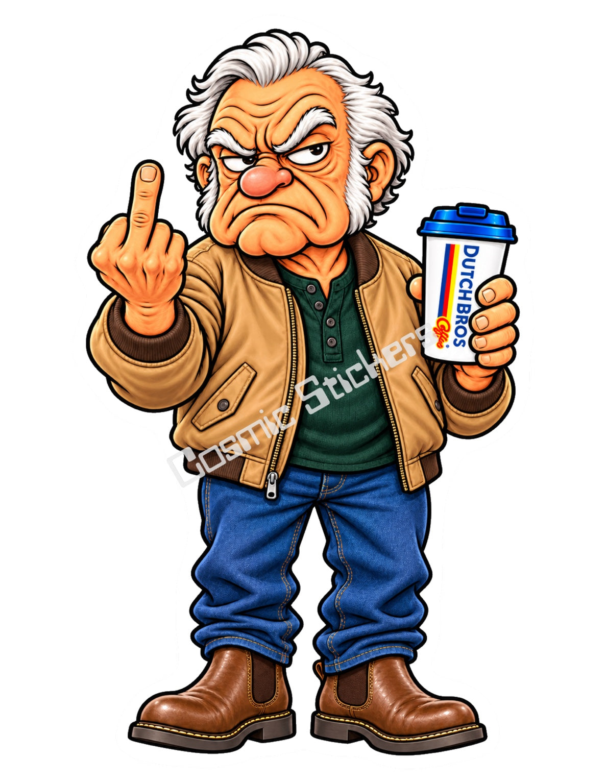 Bomber Jacket Grump Grandpa holding a Dutch Bros hot coffee and raising a middle finger, with the Cosmic Stickers watermark.