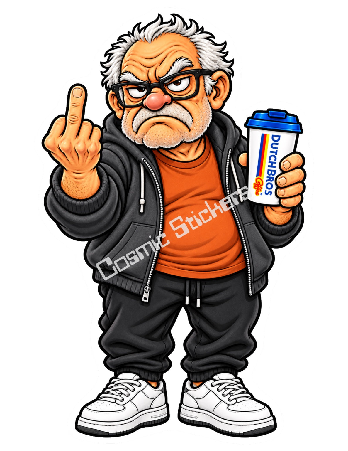 Hoodie Grumble Grandpa holding a Dutch Bros hot coffee and raising a middle finger, with the Cosmic Stickers watermark.