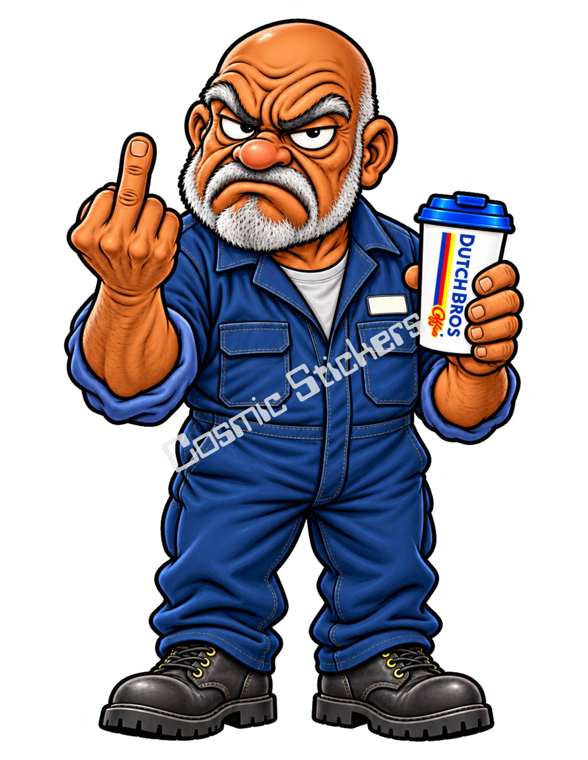 Garage Grouch Grandpa holding a Dutch Bros hot coffee and raising a middle finger, with the Cosmic Stickers watermark.