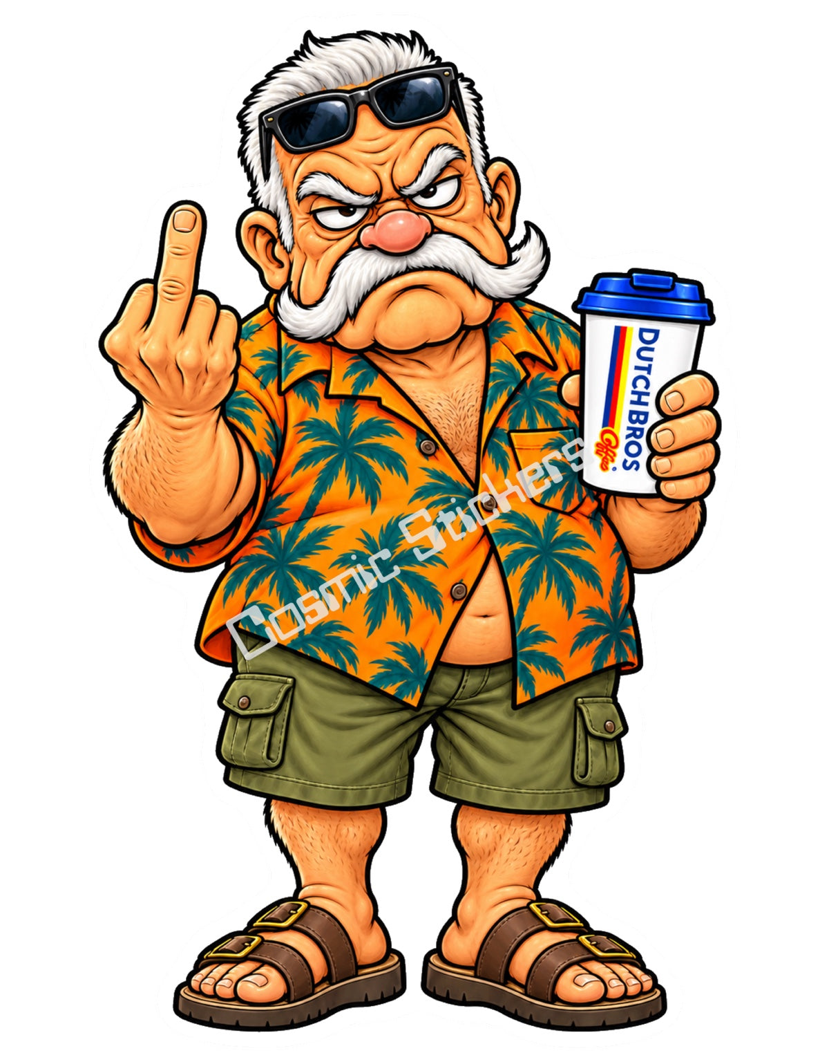 Tropical Temper Grandpa holding a Dutch Bros hot coffee and raising a middle finger, with the Cosmic Stickers watermark.