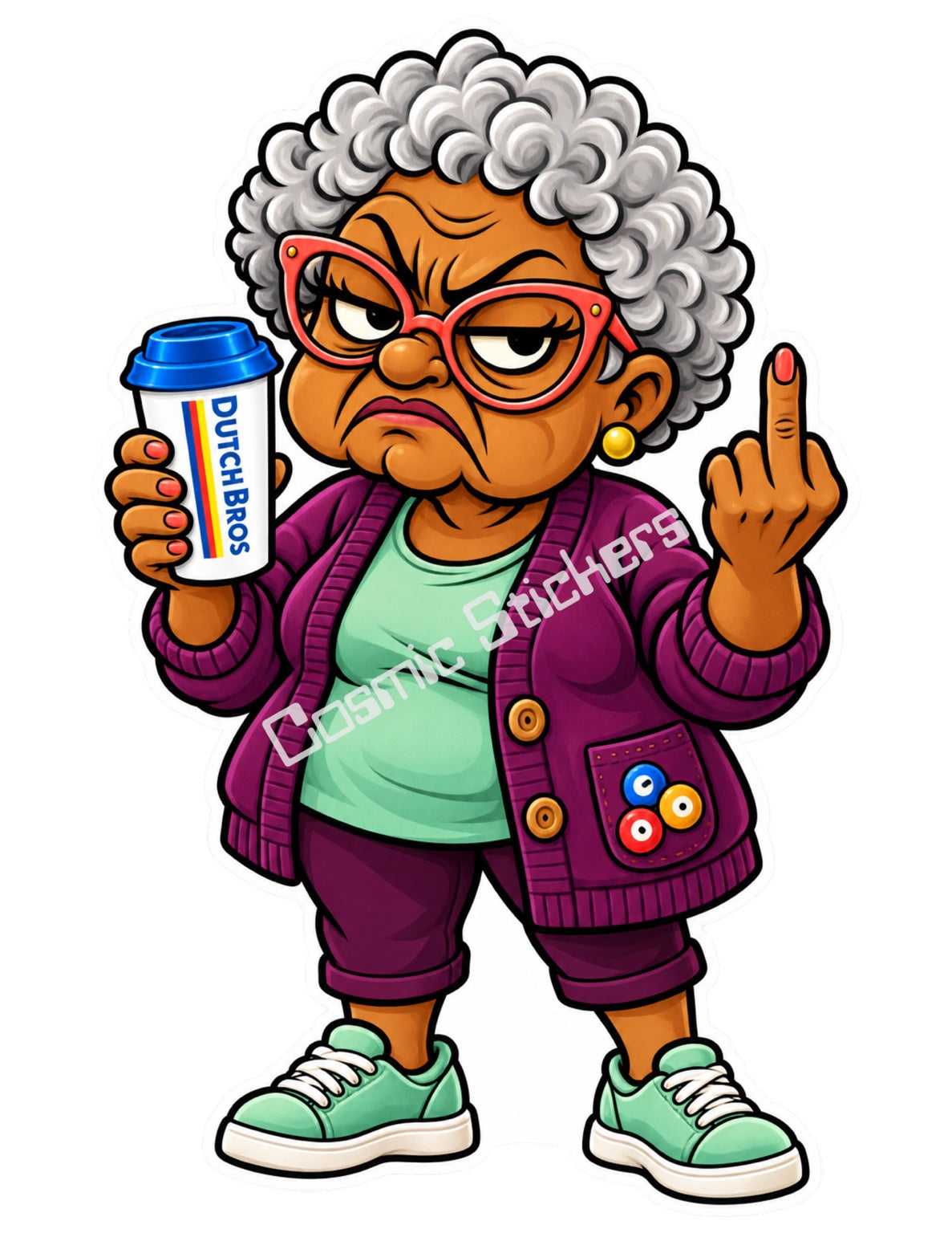 Cardigan Crank Grandma holding a Dutch Bros hot coffee and raising a middle finger, with the Cosmic Stickers watermark.