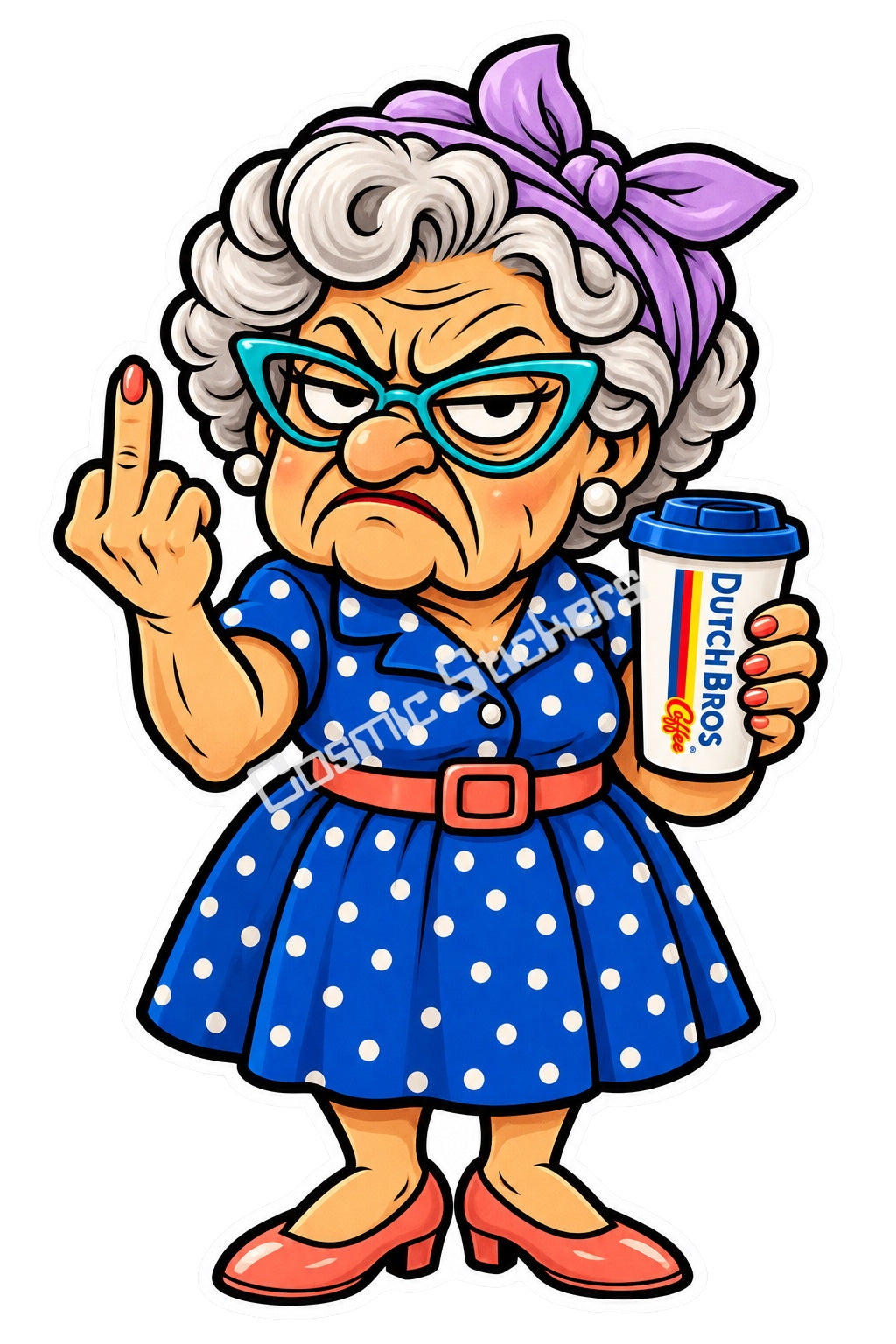 Polka Dot Sass Grandma holding a Dutch Bros hot coffee and raising a middle finger, with the Cosmic Stickers watermark.