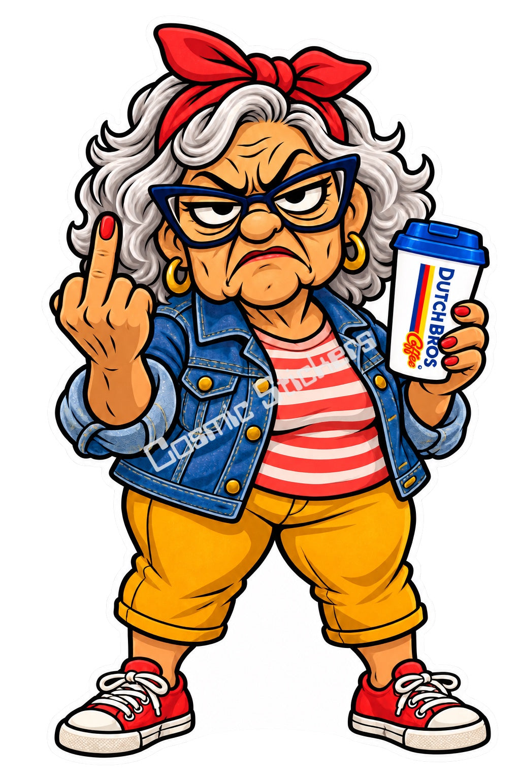 Denim Rebel Grandma holding a Dutch Bros hot coffee and raising a middle finger, with the Cosmic Stickers watermark.