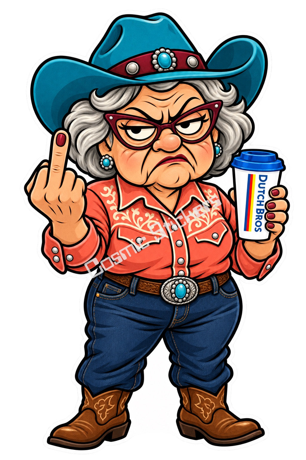 Cowgirl Coffee Grump Grandma holding a Dutch Bros hot coffee and raising a middle finger, with the Cosmic Stickers watermark.