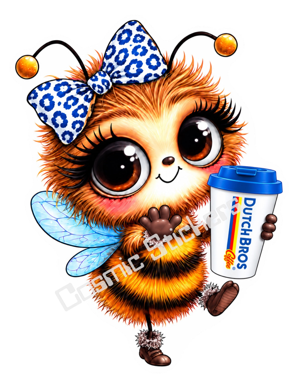 Cute orange and black bee with a blue and white leopard print bow, blue wings and a Dutch Bros hot coffee cup.
