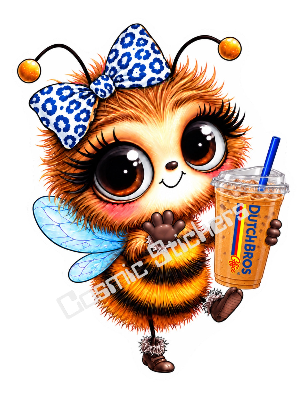 Cute orange and black bee with a blue and white leopard print bow, blue wings and a Dutch Bros iced coffee cup.