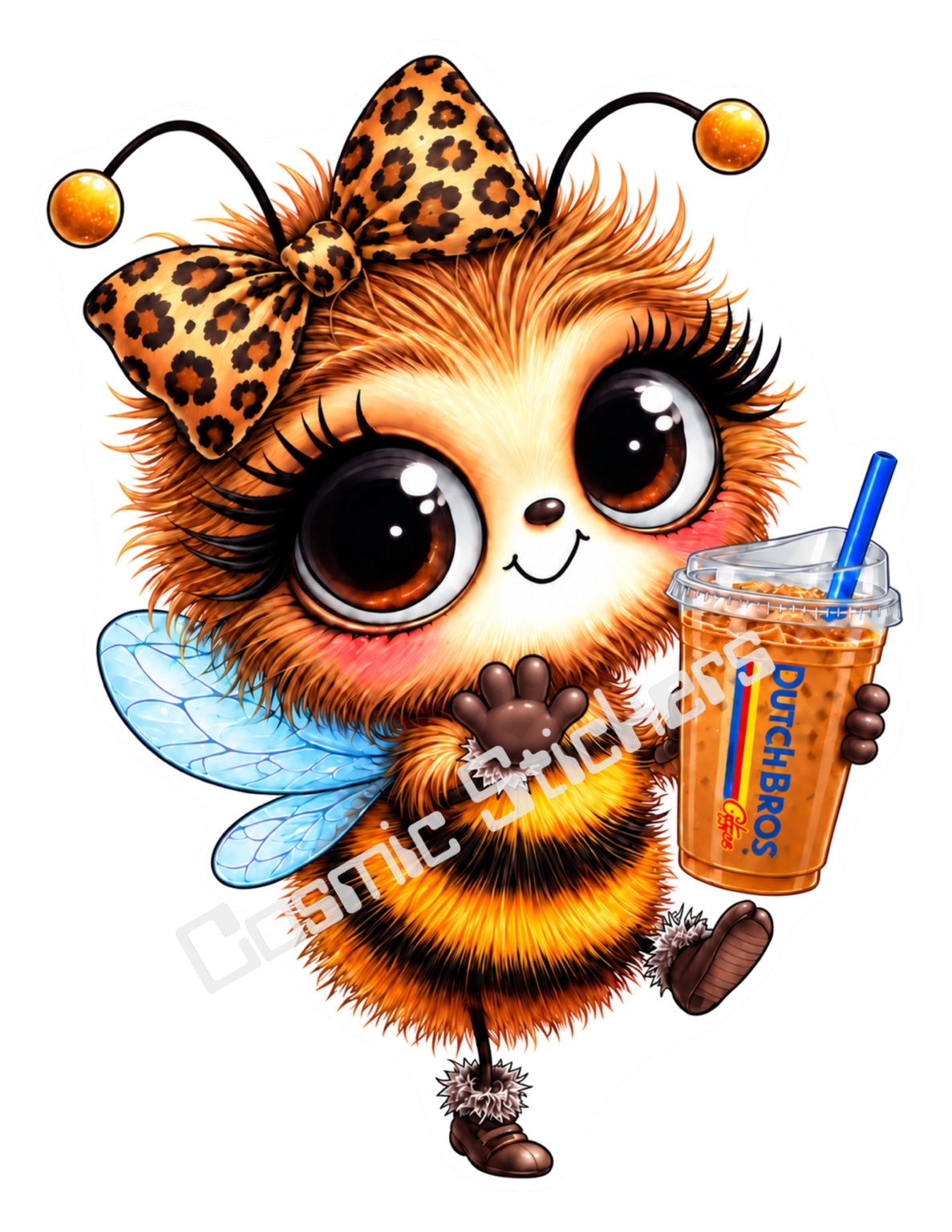 Cute orange and black bee with an orange leopard print bow, blue wings and a Dutch Bros iced coffee cup.