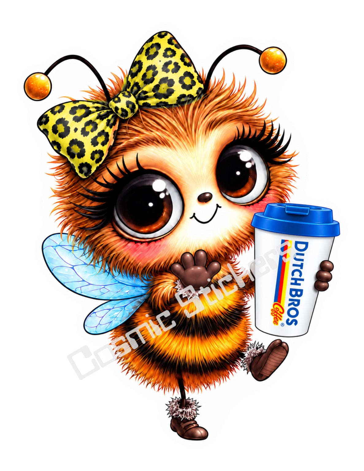 Cute orange and black bee with a yellow leopard print bow, blue wings and a Dutch Bros hot coffee cup.