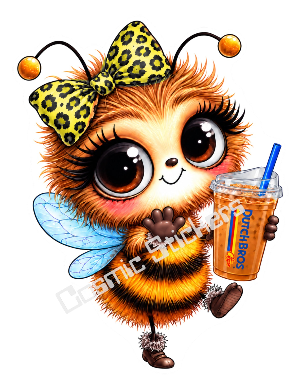 Cute orange and black bee with a yellow leopard print bow, blue wings and a Dutch Bros iced coffee cup.